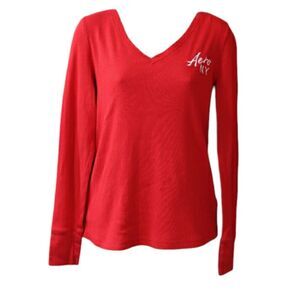 Aeropostale Red Fitted Long Sleeve Vneck Top Y2k Preppy Medium